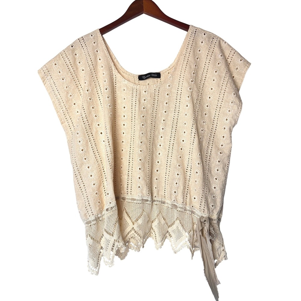 Cynthia Webb Cottage Cream Eyelet Unconventional Lace Crochet Boho Peasant Top